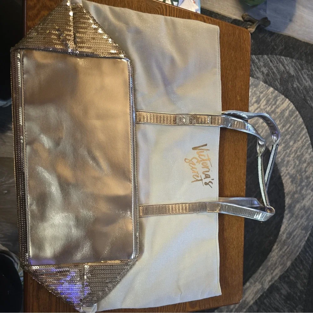 Victoria's Secret Metallic Tote Bag Large Canvas Sequined Weekender Shopper‎ NWT